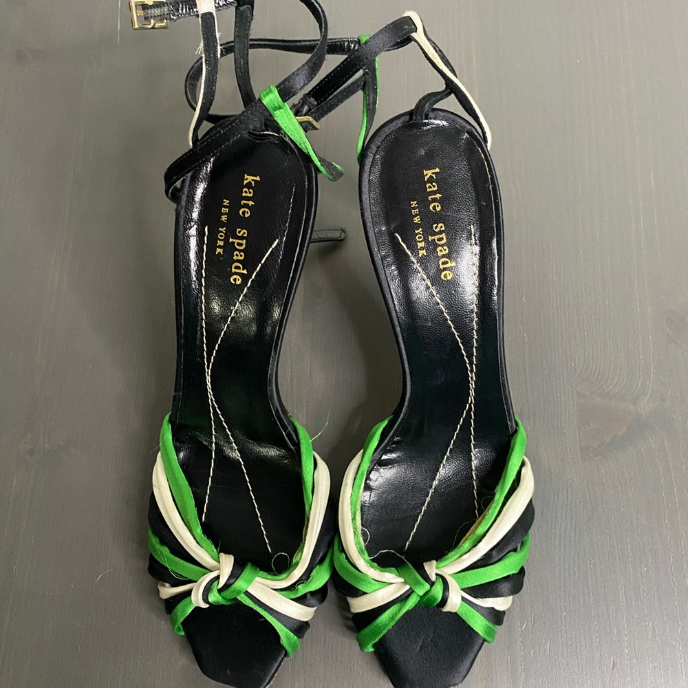 Kate Spade Florence Strappy Heeled Evening Sandals Black, White and Green - Picture 3 of 7
